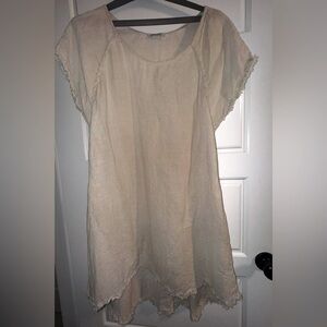 Meo Meli Italy minimalist Linen Dress w/pockets, raw ruffled hem in oatmeal MED